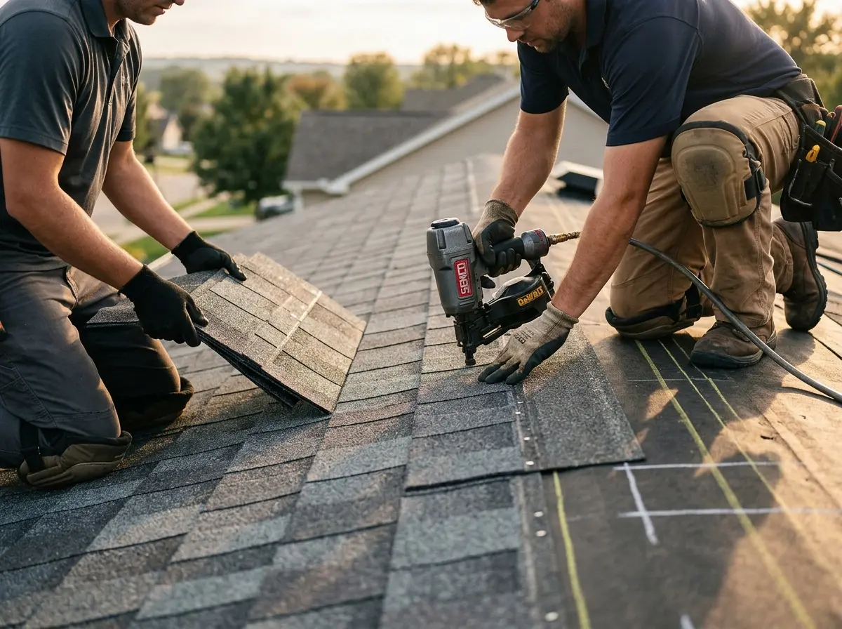 Professional roofer working on a residential roof in Riverhead